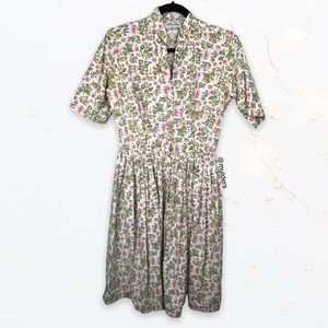 Vintage Country Fair Floral Print 1950s 1960s Pleated Tea Garden Party Dress